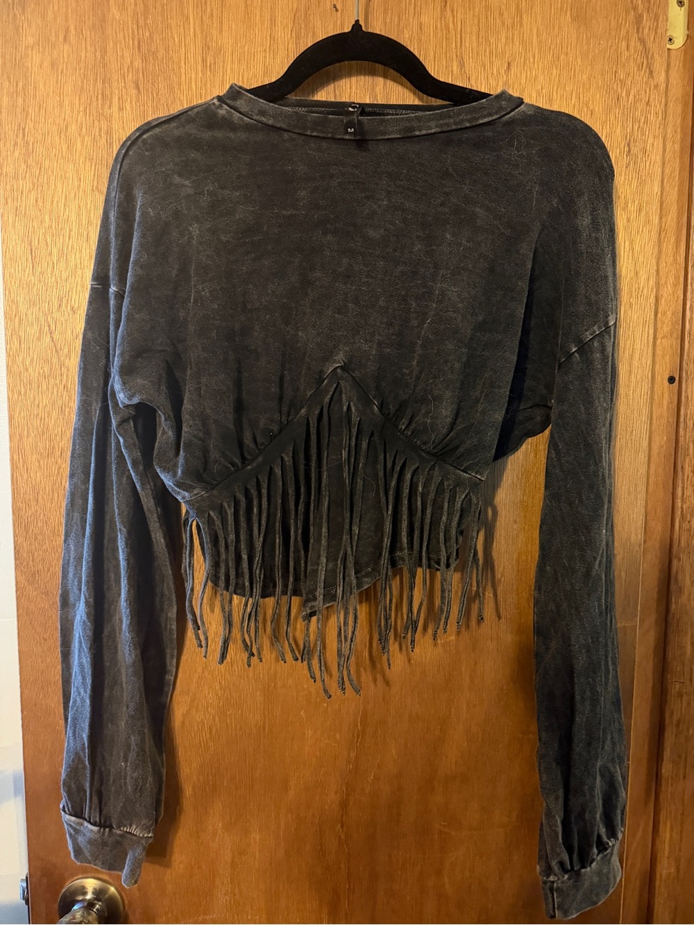 Fringe Hem Long-Sleeve Cropped Top - Black Size Medium by K TOO BNWOT